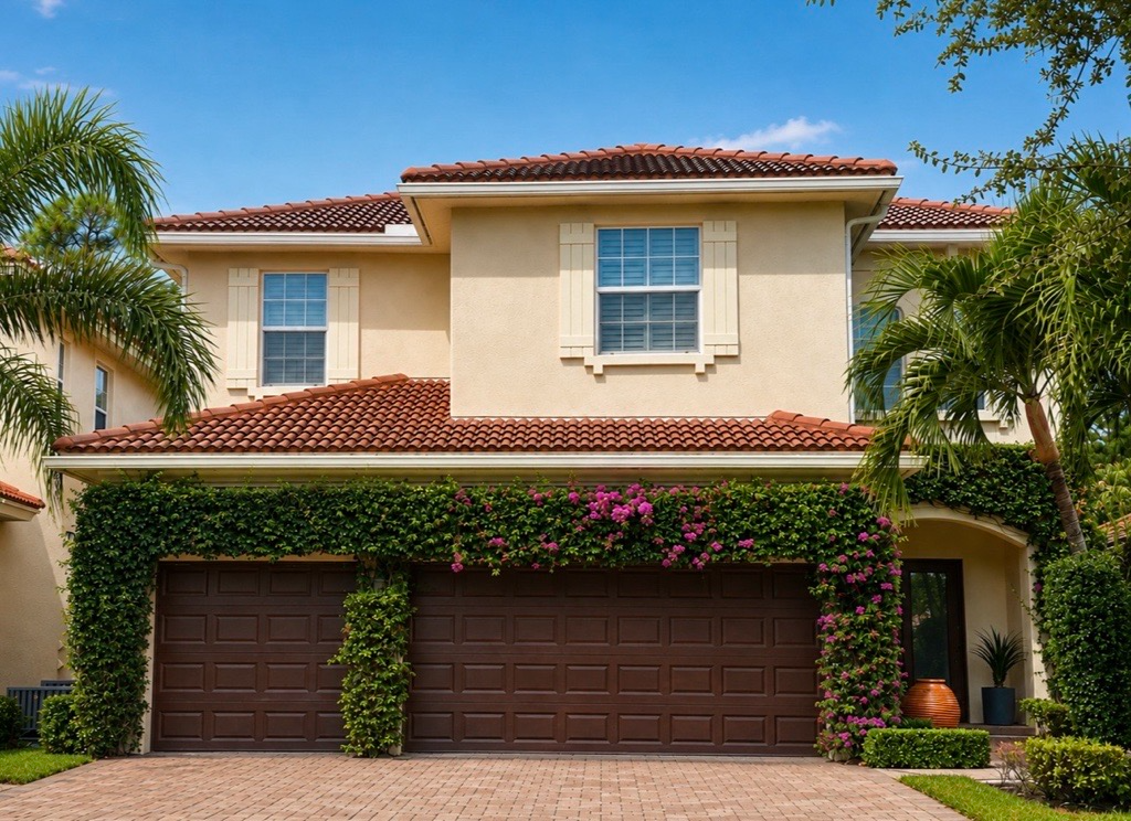 Terracotta stucco home with refinished dark garage doors